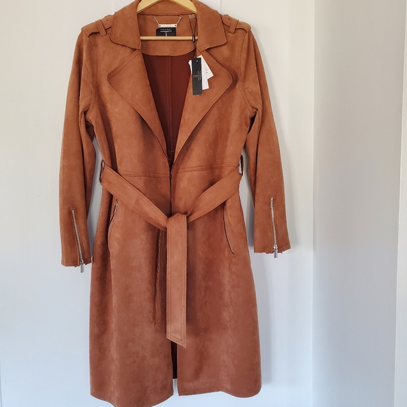 T Tahari Jackets & Blazers - NWT T TAHARI Brown Faux Suede Trench Wrap Coat Belted Zip Pockets Zip Cuffs 39"